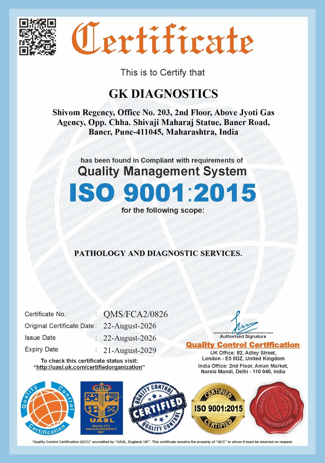 ISO 9001:2015 certificate for GK Diagnostics